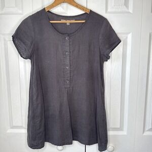 Flax Top Women's‎ Sz P 1/4 Button Grey 100% Linen Lagenlook Boxy Casual Relaxed